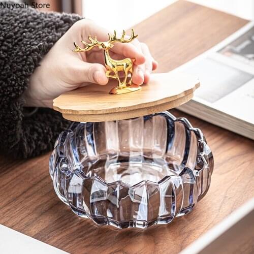 Glass Ashtray Golden Deer Bamboo Cover Storage Box Decoration Creative Crystal European Style Household Anti-fly Ash Decoration