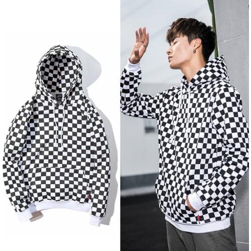 Winter European American Sweatshirts Fashion Oversize Black White Plaid Men Women Loose Plus Velvet Hooded Pullover Ins Youth