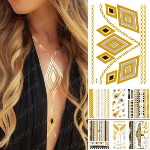 Waterproof Temporary Tattoo Sticker Metallic Gold Silver Necklace Flash Tatoo Women Egyptian Goddess Hies Body Art Fake Tatto
