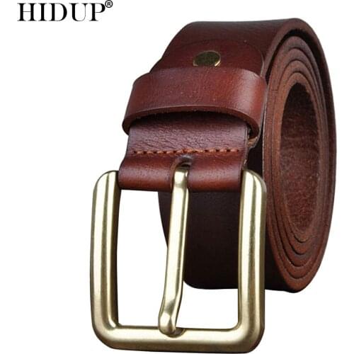 HIDUP Top Quality 100% Pure Cowhide Leather Belt Retro Brass Pin Buckle Metal Belts Men Casual Styles Jeans Accessories NWJ1005