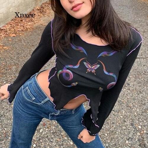 Women Irregular Print Flare Sleeve Black Tops Y2K Vintage Outfits Punk T-Shirt Fashion Clothing