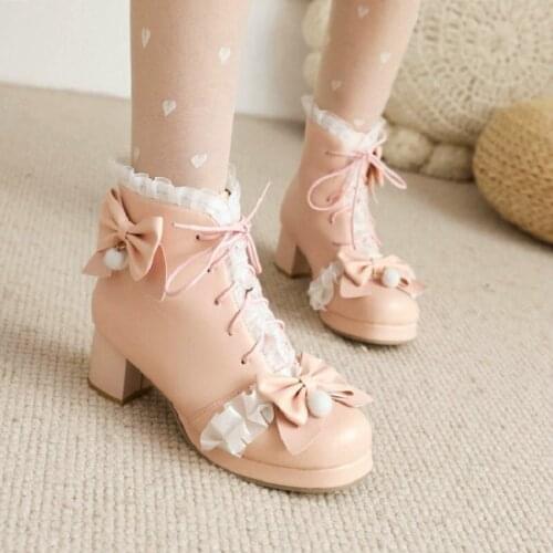Sianie Tianie Cute Pink White Lace Ruffles Butterfly Knot Lace-up Platform Chunky Heels Girls Cosplay Japanese Ankle Boots Women