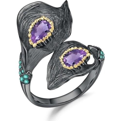 MOONROCY Black Color Rings Gothic style Purple Crystal Party Ring Leaf for Women Female Gift Dropshipping Jewelry Wholesale