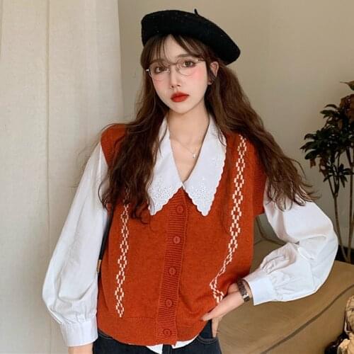 Retro Rhombus V-Neck Sweater Vest Women Loose All-Match Jacket Cardigan Slim Vest Sleeveless Top Orange Red One Size