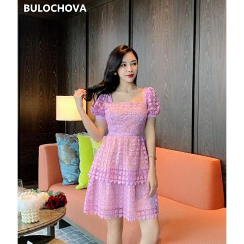 High-end Design Lace Women Square Collar Slim Party Midi Dress Mujer 2020 Summer Woman Puff Short Sleeve Runway Dresses Vestidos