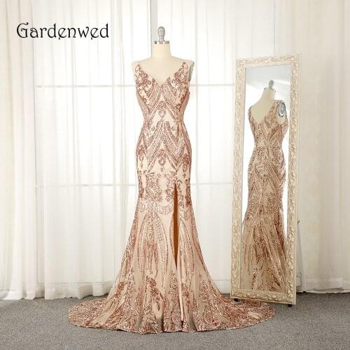 Gardenwed 2019 Champagne Golden Mermaid Evening Dress Sparkly Sequin Side Slit Long Woman Engagement Dress