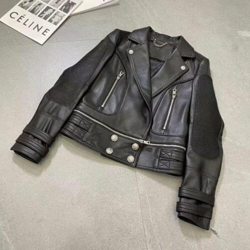 Women Spring Coat Import Genuine Leather Jacket Lower Edge Detachable Short Length Slim Clothes Turn-Down Collar Circle Print