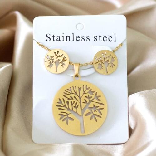 Gold/Silver Color Round Tree Pendant Necklace Stud Earrings Jewlery Set for Women Girl Party Gift Accessories