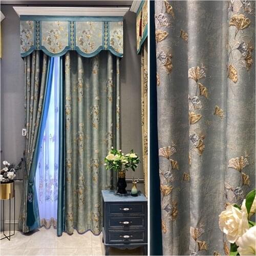 American Modern New Chinese Style Curtains for Living Room and Bedroom Leaf Yarn-dyed Jacquard Blackout Curtains