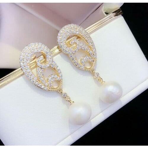 Noble jewelry a pair Natur 10-12mm Japanese AKoya white pearl crystal zircon earring 925 Sterling Silver accessory