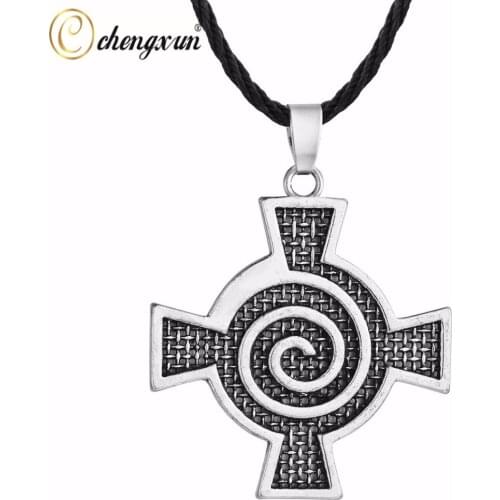 CHENGXUN Teen Boys Gothic Necklace Hiphop Style Celtic Spiral Whirlpool Cross Pendant Viking Necklace Leather Chain