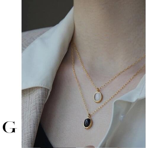 GHIDBK Hot Sale 2020 Fashion Stainless Steel Jewelry Dainty Geometric White Black Oval Pendant Necklaces Statement Charm Chokers