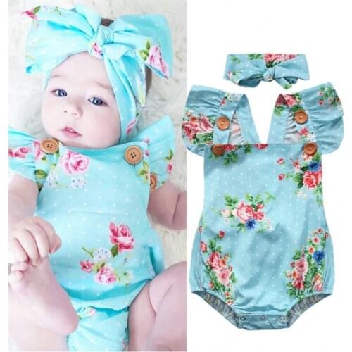 Floral Baby Girls One-pieces floral Bodysuit Backless angle sleeve aquare neck Sunsuit Clothes +Headband blue