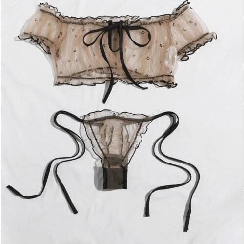 Embroidery Lace Women Underwear Bowknot Strapless Bra Panties Porno See Through Sexy Lingerie Set Mujer Erotic Sexy Underwear