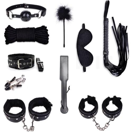 Manyjoy 10 Pcs/set Sex Products Erotic Toys for Adults Games BDSM Sex Bondage Set Handcuffs Nipple Clamps Gag Whip Rope Sex Toys