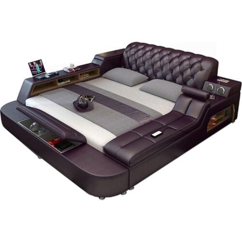 Genuine leather bed frame Soft Beds massager storage safe speaker LED light Bedroom cama muebles de dormitorio / camas quarto