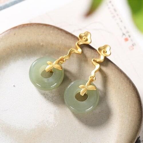 New silver inlaid Hetian jade plant auspicious cloud Earrings Chinese style unique craft gold light luxury charm womens jewelry