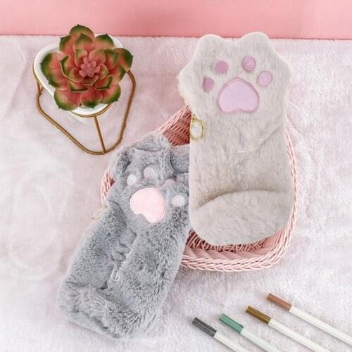 HX6A Large Capacity Plush Pencil Bag Cute Cartoon Cat Paw Pen Case Pouch Holder for Girls Boys School Stationery