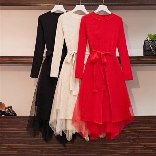 Plus size womens clothing spring and autumn new fashion temperament was thin Solid color knitted dress mesh skirt two-piece suit