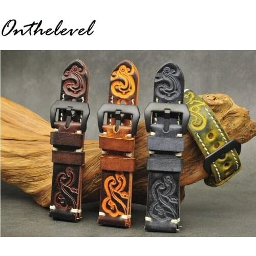 Onthelevel Genuine Leather Watchbands Carved Watch Band Strap for Panerai Belt Stainless Steel Black Buckle 20 22 24mm 2020 New