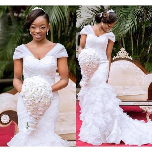 Mermaid Ruffles Wedding Dresses Cap Sleeves Straps Tiered Skirt Organza Custom Made African Plus Size Wedding Gown vestido de