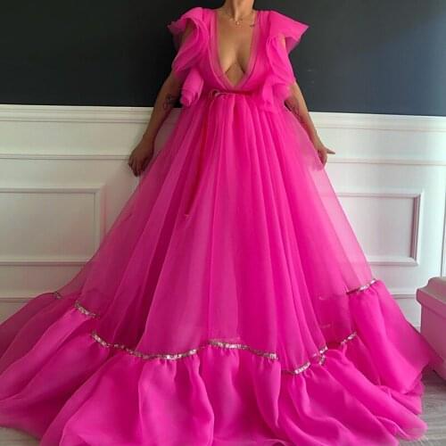 Sexy Fuchsia V Neck Prom Dresses Long A Line Puffy Sleeve Sweep Train Evening Gown Party For Women Robe De Mariage Bleu