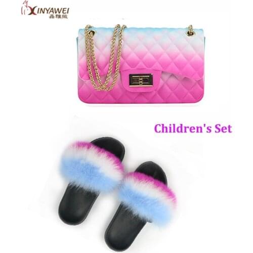 100% real fox fur slippers for kids, rainbow shoes, cute fur thongs, girl travel shoes, jelly bag set, fashion bag