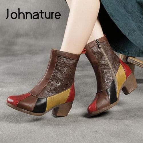 Johnature Genuine Leather Mixed Colors Shoes Women Boots 2021 New Autumn Winter Zip Round Toe Concise Retro Platform Boots