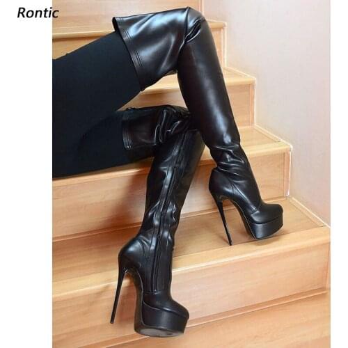 Rontic Women Winter Platform Over The Knee Boots Full Zipper Stiletto Heels Round Toe Black Night Club Shoes Women US Size 5-20