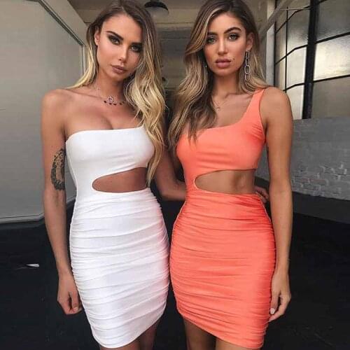 HUAN BEAUTY New Sexy Sleeveless Irregular Shoulder Design Fit Tight Buttock Female Party Short Dress Autumn Plus Size HBD849