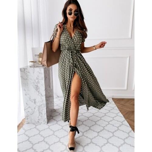 2021 Womens Dress V-neck Summer Wrap Dresses Women Fashion V Neck Short Sleeve Belt Dots Print Front Slitting Hem Long Dress