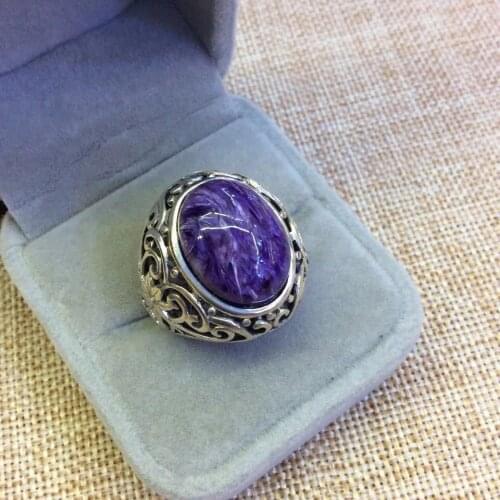 Retro Thai Silver S925 Sterling Silver Inlaid Natural Charoite Delicate Pattern Vintage Open Ended Women Ring