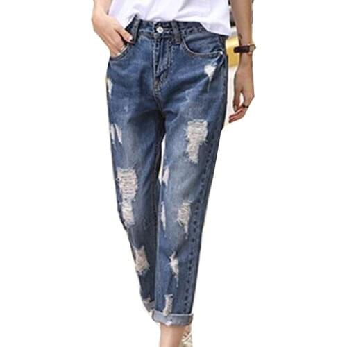 2018 summer denim pants nine fashion leisure hole without playing cool all-match casual pants wide leg pants