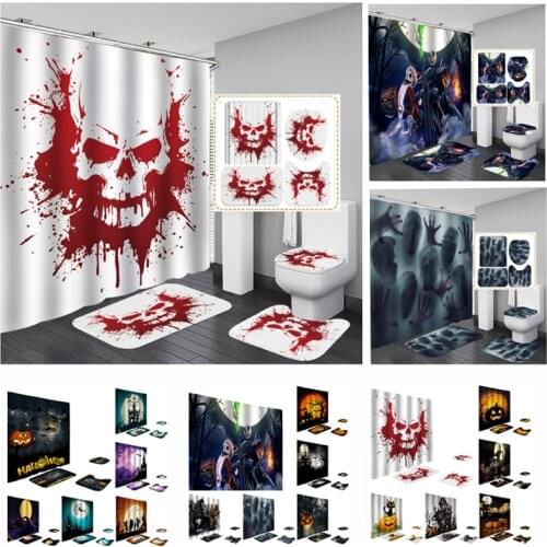 4 Piece Halloween Shower Curtains Non-slip Bath Mat Base Carpet Cover Toilet Seat Cushion Set Halloween Bathroom Decoration