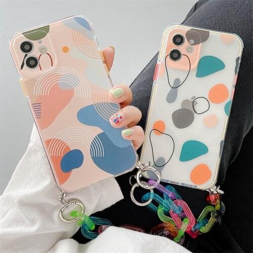 Art Graffiti Colorful Lanyard Phone Case For iPhone 11 12 Pro XS Max X XR 8 7 Plus SE2020 Camera Protection Soft Bracelet Cover