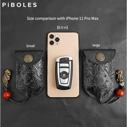 Genuine Leather Mens Key Wallet Handmade Car Smart Key Holder Bag Portable Storage Housekeeper Key Case Pouch With Hand Strap