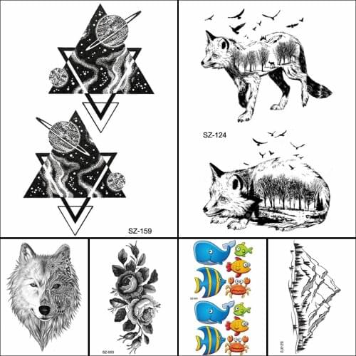 Black Triangle Galaxy Planet Tattoo Stickers Women Body Art Temporary Tattoo Men Fashion Waterproof Tatoos Forest Animals Makeup
