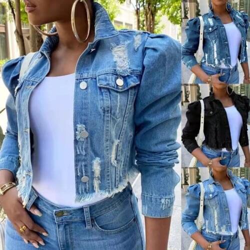 Spring Autumn Denim Coats For Women Puff Sleeve Ripped Hole Short Jeans Jackets Ladies Fashion Single Button Outerwear Coats