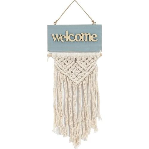 Wooden Macrame Tapestry Welcome Sign Door Hanging Tapestry Country Style Store Ornament Home Outdoor Garden Bar Decor
