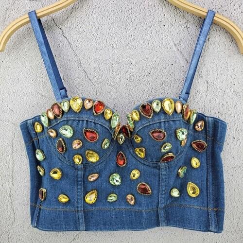 Jazz Costumes Colorful Rhinestones Denim Vest Summer Dancer Suspenders Gathered Wrap Chest Top Bar Dj Ds Rave Clothes DT2341
