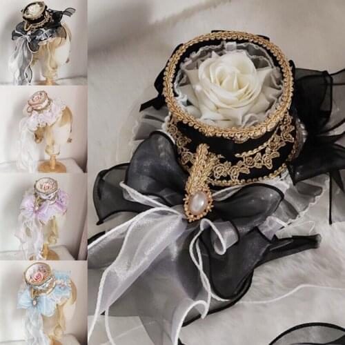 1Pcs Lolita Mini Top Hat for Sweet Girls Cute Fashion Kawaii Bowknot Cosplay Headdress Female New Cartoon Faux Ribbon Court Hats
