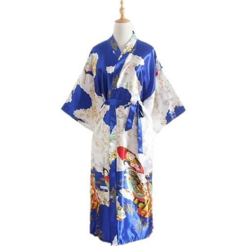 Womens Casual Kimono Robe Spring Summer New Ice Silk Bathrobe Crane Print Bath Gown Mujer Nightwear One Size Sleepwear Homewear