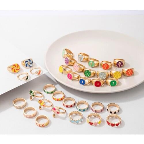 Tocona Colorful Dripping Oil Mushroom Ring for Women Men Cute Heart Gold Alloy Metal Moon Sun Jewelry Accessories кольца