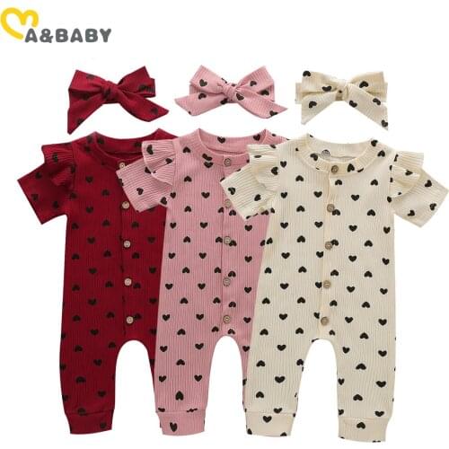 Ma&Baby 0-24M Spring Summer Newborn Infant Baby Girl Ruffle Romper Heart Print Knitted Jumpsuit Playsuit Valentines Day Clothes