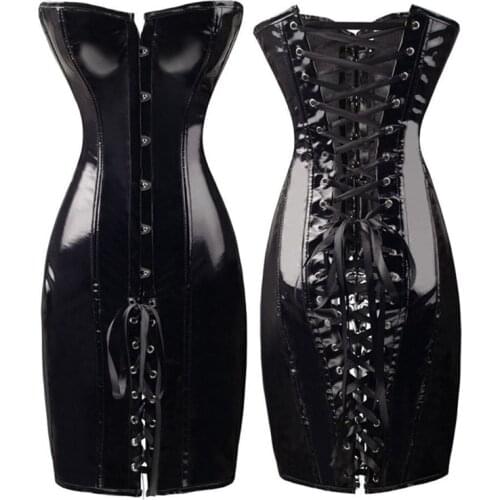 Sexy PVC Corset Dress Night Club Summer Dresses Overbust Bustier Shinny Faux Leather Gorset Waist Slimming Corselet Corse Korset