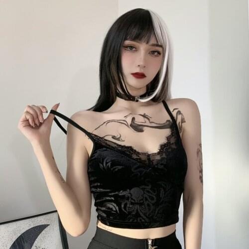 Lace Gothic Camis Tank Cropped Shirt for Women Girl Goth Clothing Summer Sleeveless Sexy Clothes Black Croptop Lolita Crop Top