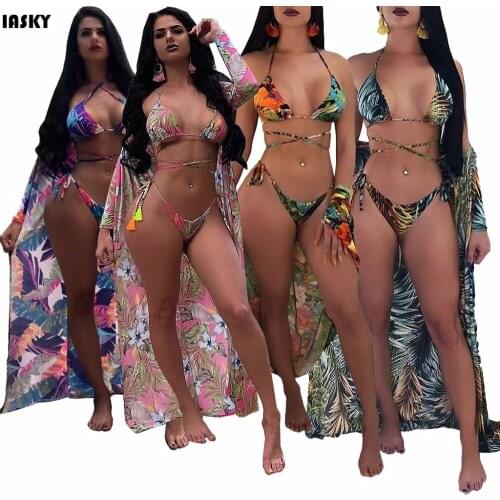 IASKY 3PCS/SET Beach Cover-Ups+Bikini set 2018 Sexy Print Floral Long sleeve cover up and Bandage Bikinis women Beach wear