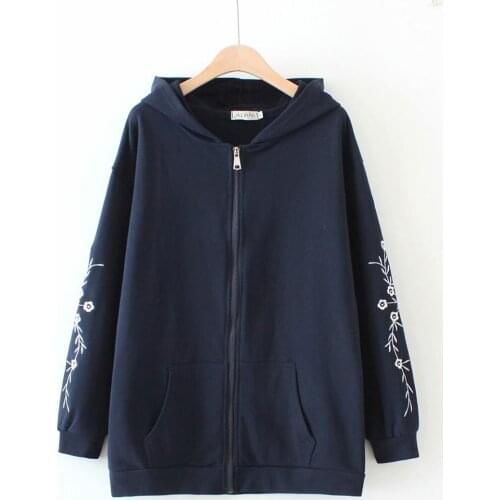 Embroidery Sleeve hooded cotton women loose jackets 2020 new plus size casual ladies soft coats female tops oversize navy sky
