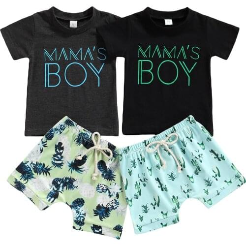 2021 Kid 2 Pcs Newborn Summer Outfits Baby Letter Print Short Sleeve Round Neck T-shirt + Tie-up Cactus/Pineapple Pattern Shorts