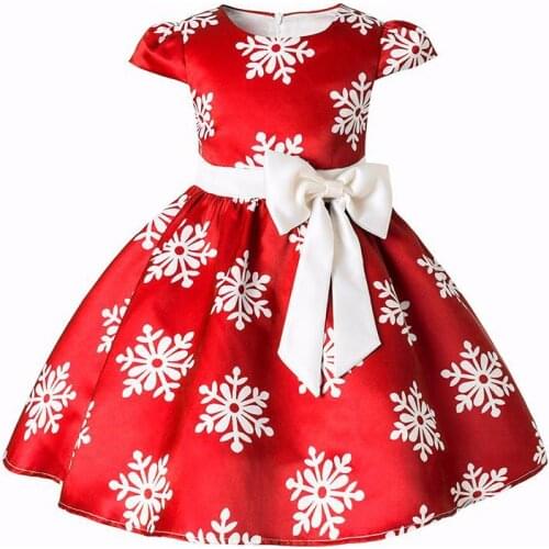 2021 New Snowflake Pattern Christmas Style Girls Dress Bow Princess Kids Home Party Clothing Children Birthday Present